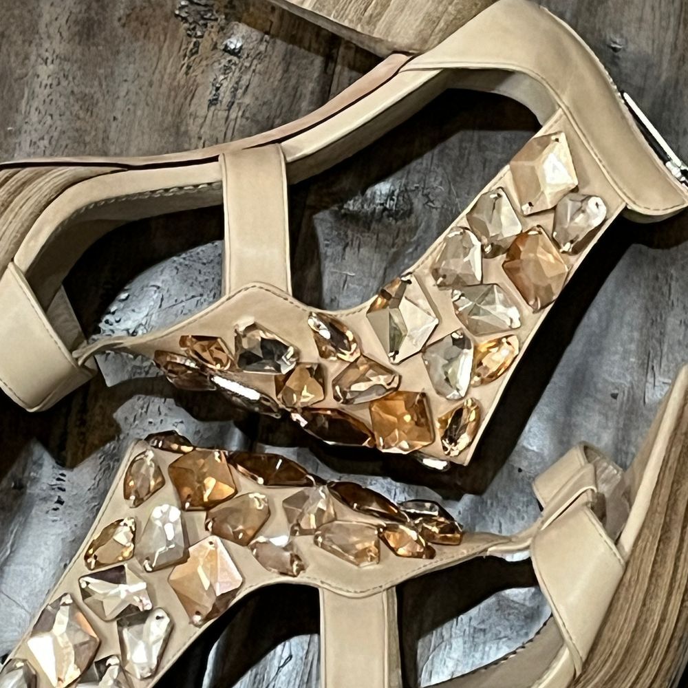 Jean-Michel Cazabat Crystal Embellished Platform Leather High Heels Nude Sz 7.5 - Picture 16 of 16